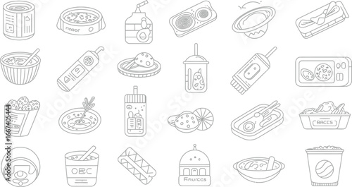 A collection of simple line art illustrations depicting various fast food items.