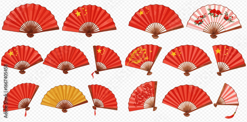 Collection of twelve hand fans; some red, some with Chinese flag, others with floral designs.