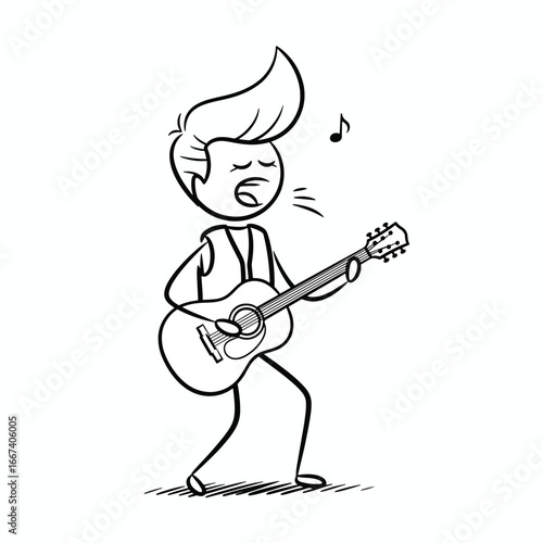 A stick figure man with a pompadour hairstyle is singing and playing an acoustic guitar.