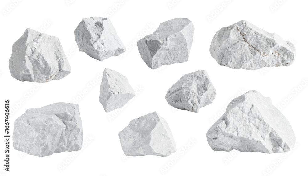 Naklejka premium Eleven off-white rocks arranged, isolated on black