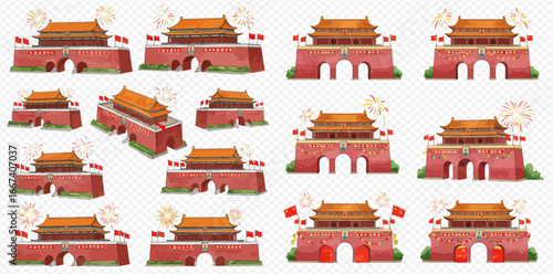 Multiple illustrations of a traditional Chinese gate, showing variations in angle and detail, with celebratory fireworks.
