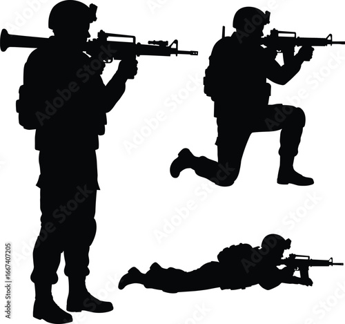 Soldier silhouette, army combat, military weapon, tactical pose, warfighter vector, armed forces, army illustration, combat mission, battlefield design, security
