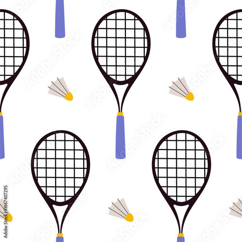 Pattern of badminton rackets and shuttlecocks on a white background in a playful illustration