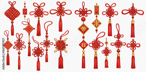 Collection of intricate red Chinese knot ornaments with gold accents and tassels, various shapes and sizes.