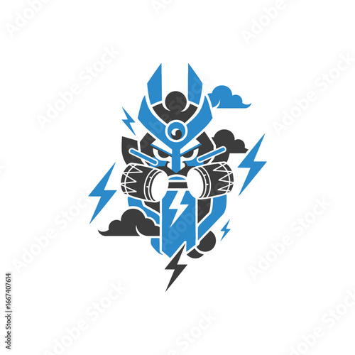 Stylized Deity with Lightning and Drums Illustration.