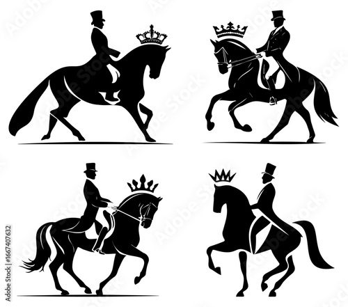 Elegant dressage horse with rider and crown silhouette