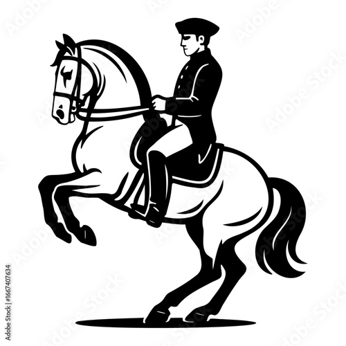 Dressage horse performing levade with rider silhouette