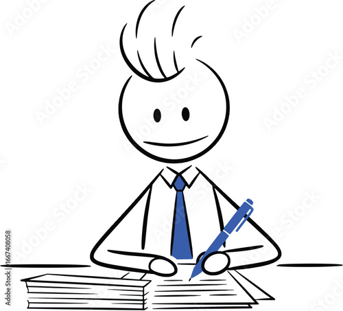 A stick figure businessman sits at a desk, signing documents.