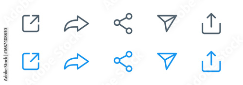 Share icon set. Arrow symbol, Reply send forward icons button. Send message icon. External Link Icon. Upload icon. Connection symbol - network sharing icon