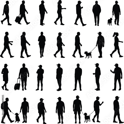 Silhouette people walking, men and women outdoor activity, travelers with luggage, parents with children, dog walkers, casual lifestyle illustration