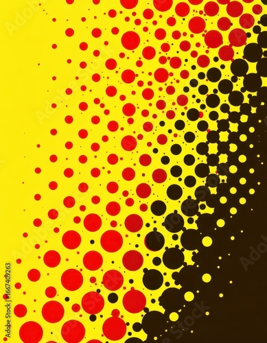 Abstract halftone pattern of red and black circles graduating on a yellow background, creating a dynamic, visually striking effect