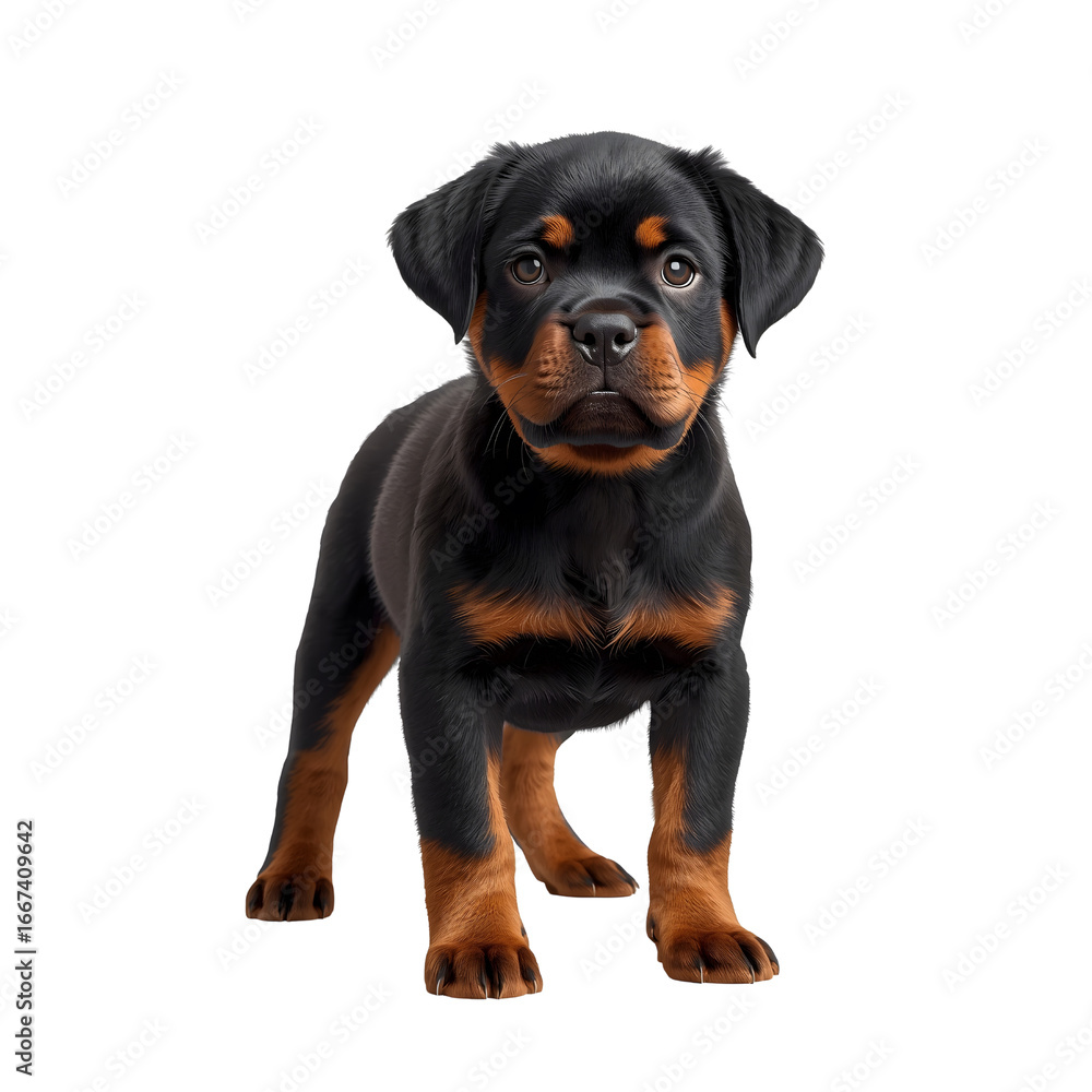Fototapeta premium Adorable Rottweiler Puppy Standing Isolated on White Background Cute Dog Pet Animal Young Rottweiler Breed Friendly Companion