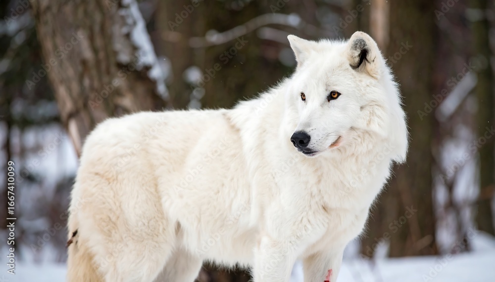 Fototapeta premium Majestic Arctic Wolf Standing Alert in Snowy Winter Forest.