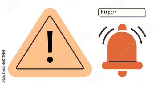 Warning symbol, ringing bell notification, web address search bar signifying online alerts. Ideal for digital safety, notifications, internet security, online warnings, privacy concerns, web