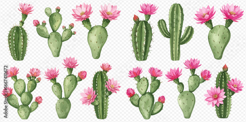 Collection of watercolor cacti with pink flowers, showcasing various shapes and blooming stages.