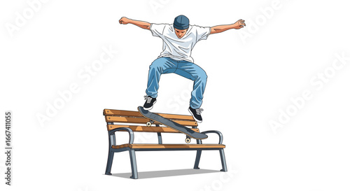 An artistic illustration depicting a skateboarder in action on a park bench