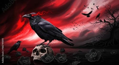Ominous Raven Perched on Skull Under Fiery Red Sky with Black Flowers