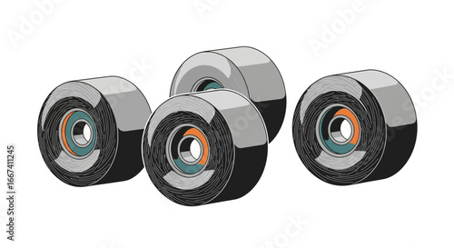 Creative visualization of skateboard wheels set against a bright white background