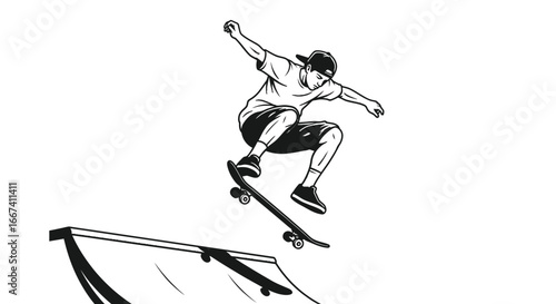 Dynamic monochrome graphic of a skateboarder mid-air performing trick