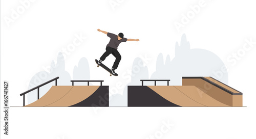 Dynamic Skateboarder Airborne Over Ramp at Skatepark Illustration Scene
