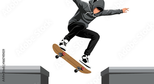 Dynamic Skateboarder Executes a Thrilling Jump Between Urban Obstacles