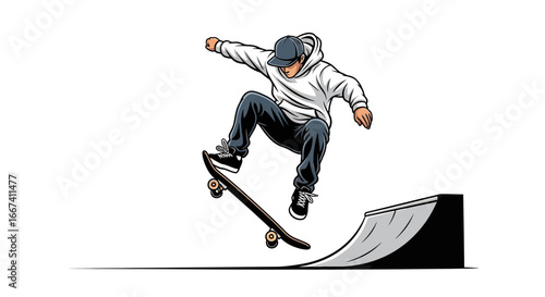 Dynamic skateboarder mid-air over ramp with energy in vector illustration