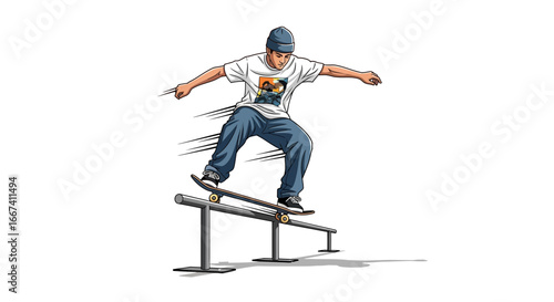 Dynamic Skateboarder Performing a Grind on Rail in Stylized Illustration