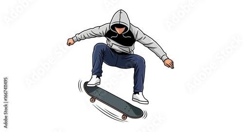 Dynamic skateboarder performing trick in air on white background graphic