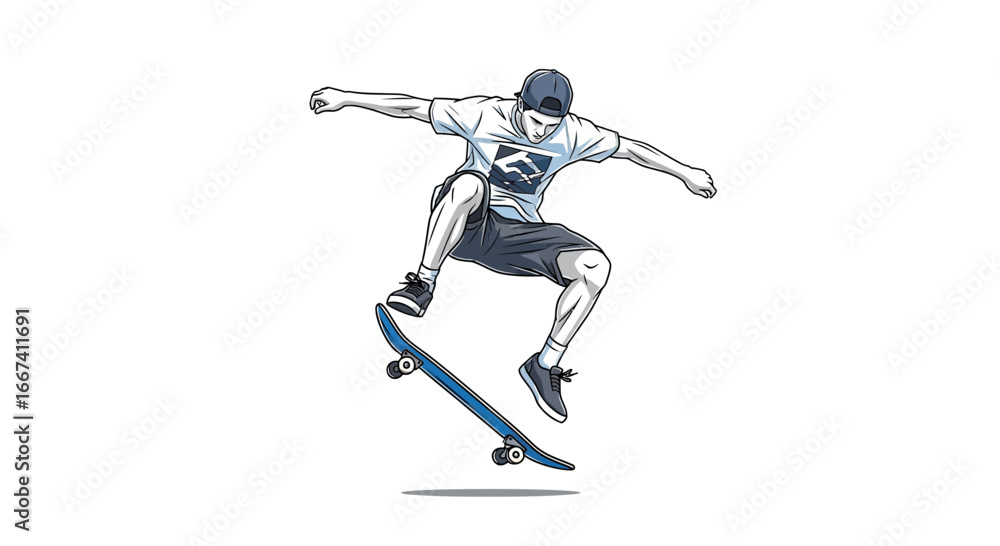 Fototapeta premium Illustrated skateboarder performing trick, dynamic composition in mid-air