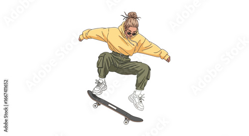 Illustrated girl skateboarding with urban street style in mid air motion