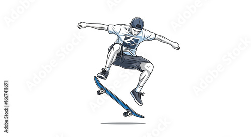 Illustrated skateboarder performing trick, dynamic composition in mid-air