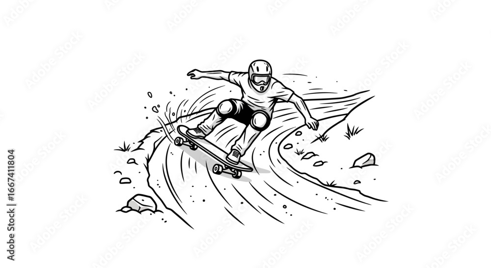 Fototapeta premium Intense downhill skateboarder carving a turn with protective gear illustration