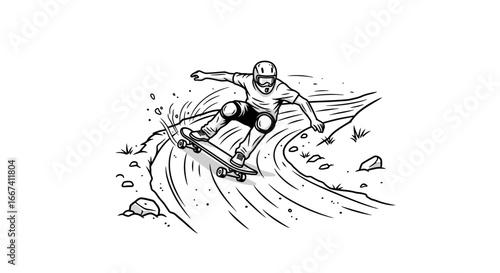 Intense downhill skateboarder carving a turn with protective gear illustration