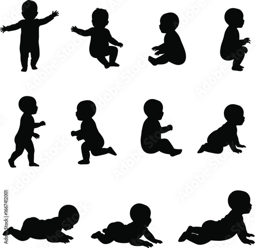 Silhouette baby crawling, toddler walking, infant sitting, newborn lying down, child development stages, cute baby poses, playful infant activities, growth illustration