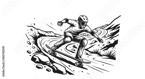 Monochromatic artwork capturing a downhill skateboarder on rocky terrain