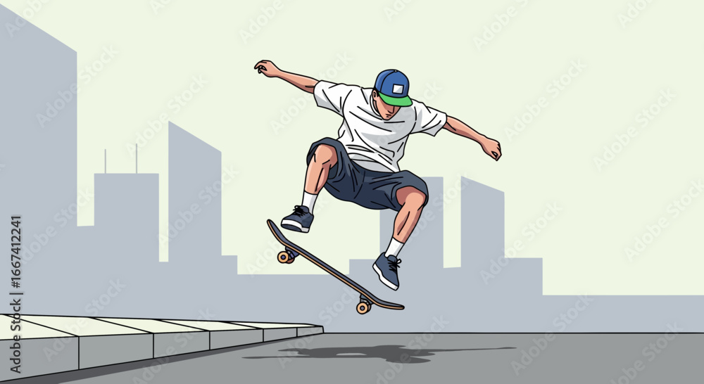 Naklejka premium Skateboarder executes a dynamic aerial trick against city backdrop design