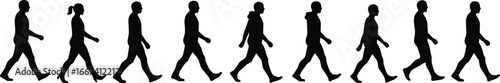 Walking people silhouettes, man and woman figures, pedestrian vector illustration, human walking poses, urban lifestyle movement, walking sequence design, walking posture collection