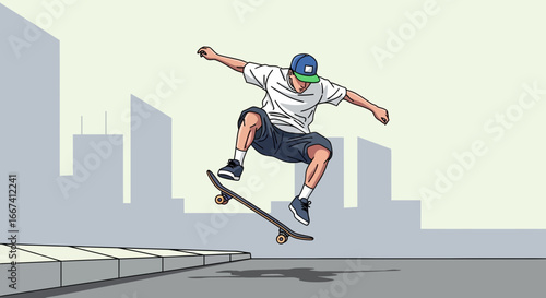 Skateboarder executes a dynamic aerial trick against city backdrop design