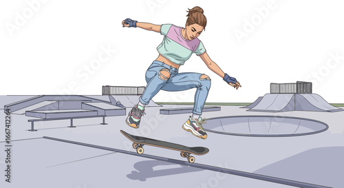 Skateboarder executing a trick at a vibrant urban skatepark setting