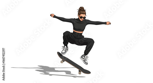 Skateboarder in mid-air performs a trick, black outfit, sunglasses
