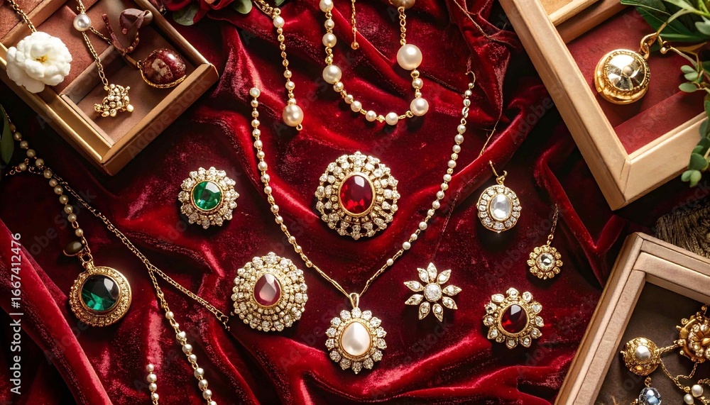 Obraz premium An elegant vintage-inspired luxury jewelry collection featuring pearl necklaces, pendants adorned with red and green gemstones, and sparkling brooches and earrings