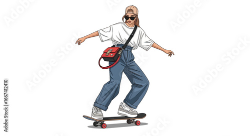 Skateboarding girl in casual wear, trendy digital art illustration style