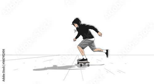 Skateboarding hooded character illustration on a minimalist backdrop