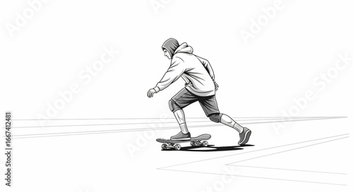 Skater in grayscale gliding on a skateboard on white background