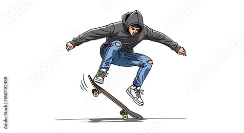 Skater mid-trick illustration, urban youth culture extreme sports concept