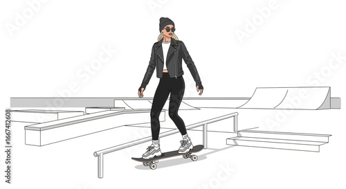 Stylish skater girl riding a skateboard in a monotone skate park setting
