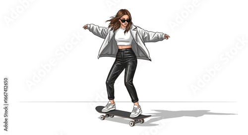 Stylized depiction of a young woman riding a skateboard with confidence