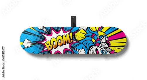 Vibrant Skate Deck with Pop Art Style and Comic Book Expression Display