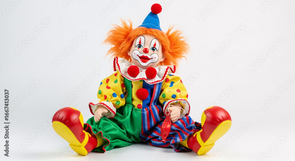 Naklejka premium Seated clown doll with orange hair and colorful outfit against a white background studio shot