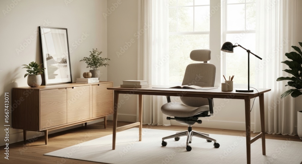 Fototapeta premium Modern Home Office Setup with Ergonomic Chair and Natural Light